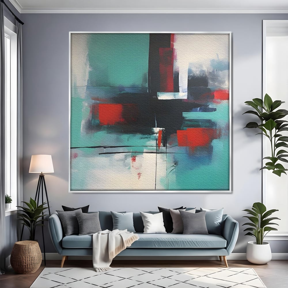 Tablou canvas cu pictura abstracta patrata cu pete rosii, in rama de aluminiu argintiu, pe perete intr-un living